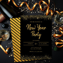 Simple Gold and Black Sparkle New Year Party Kaart