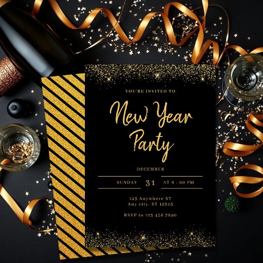 Simple Gold and Black Sparkle New Year Party Kaart