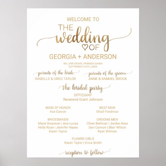 Simple Gold Calligraphy FlowerGirl Wedding Program Poster (Voorkant)