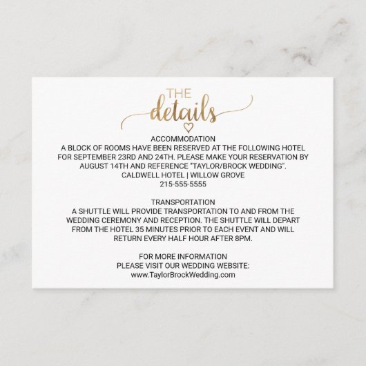Simple Gold Calligraphy Wedding Details Kaart (Voorkant)