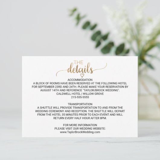 Simple Gold Calligraphy Wedding Details Kaart (Staand voorkant)