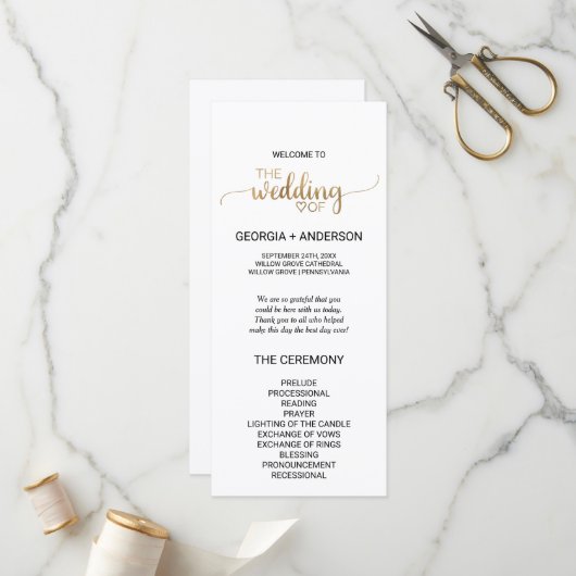 Simple Gold Calligraphy Wedding Program Programmakaart (Voorkant / Achterkant in situ)
