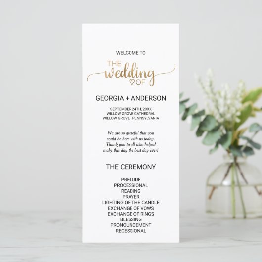 Simple Gold Calligraphy Wedding Program Programmakaart (Staand voorkant)