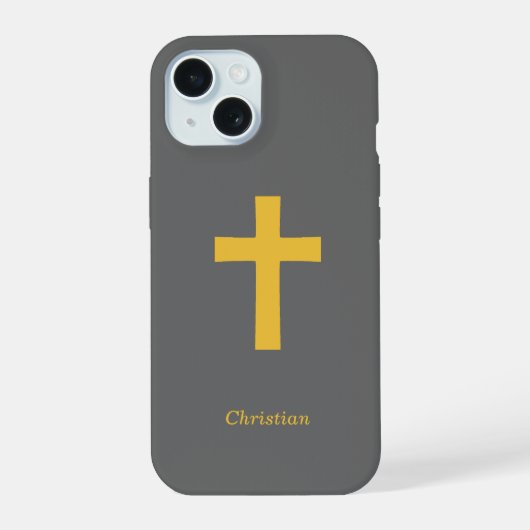 Simple Gold Cross Zwart iPhone 15 Case (Achterkant)