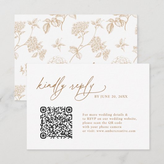 Simple Gold Floral QR code Wedding RSVP Cards Kaartje (Voorkant / Achterkant)