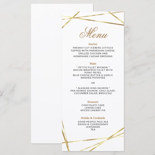 Simple Gold Geometric Wedding Menu Kaart (Voorkant / Achterkant)