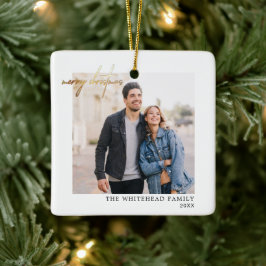 Simple Gold Merry-kerstfoto White Keramisch Ornament