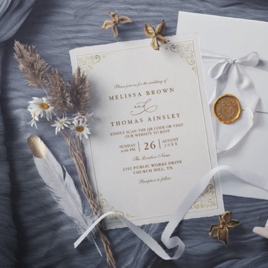 Simple Gold Minimalis Elegant Chic QR Code Wedding Kaart