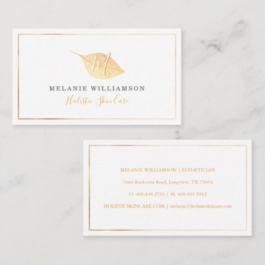 Simple Gold Natural Pressed Leaf Monogram Visitekaartje (Voorkant / Achterkant)