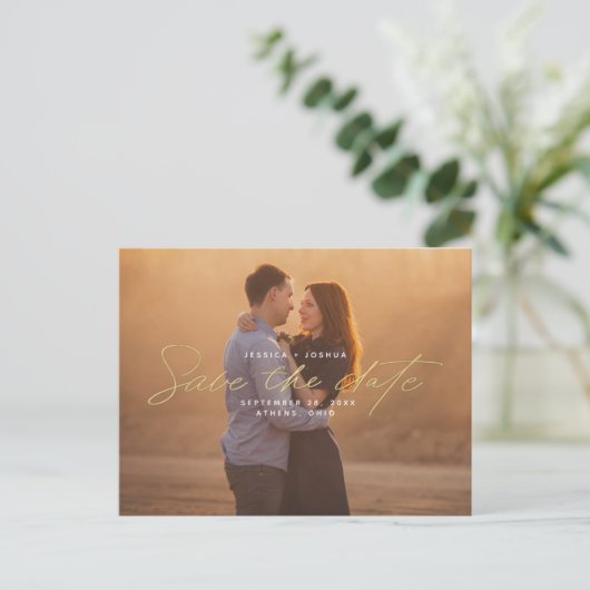 Simple Gold Script Overlay Foto De datum opslaan Briefkaart (Staand voorkant)