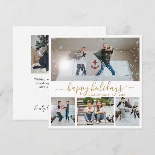 Simple Gold White 4 Photo Collage Happy Feestdagenkaart (Voorkant / Achterkant)