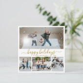 Simple Gold White 4 Photo Collage Happy Feestdagenkaart (Staand voorkant)