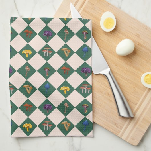 Simple green check with mushrooms theedoek (Quarter Fold)