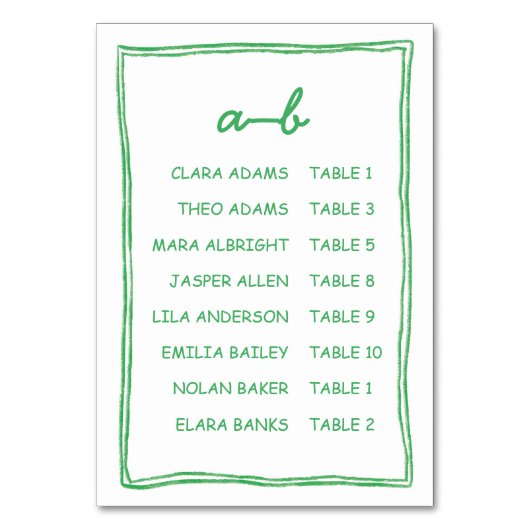 Simple Green Doodle Wedding Seating Chart Card Kaart (Voorkant)