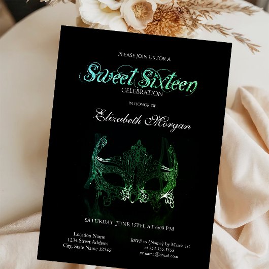 Simple Green Masque Black Sweet 16 Invitation Kaart