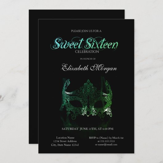 Simple Green Masque Black Sweet 16 Invitation Kaart (Voorkant / Achterkant)
