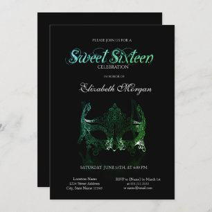 Simple Green Masque Black Sweet 16 Invitation Kaart