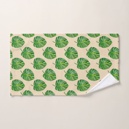 Simple Green Monstera Leaf Pattern on Light Beige Bad Handdoek (Handdoek)