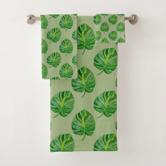 Simple Green Monstera Leaf Pattern on Sage Green Bad Handdoek