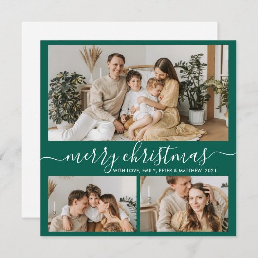 Simple Green White 3 Photo Collage Kerstmis Feestdagenkaart (Voorkant / Achterkant)