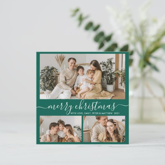 Simple Green White 3 Photo Collage Kerstmis Feestdagenkaart (Staand voorkant)