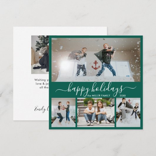 Simple Green White 4 Photo Collage Happy Feestdagenkaart (Voorkant / Achterkant)