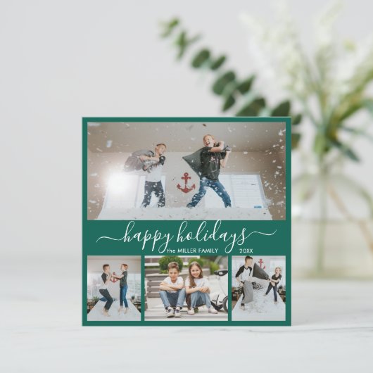 Simple Green White 4 Photo Collage Happy Feestdagenkaart (Staand voorkant)