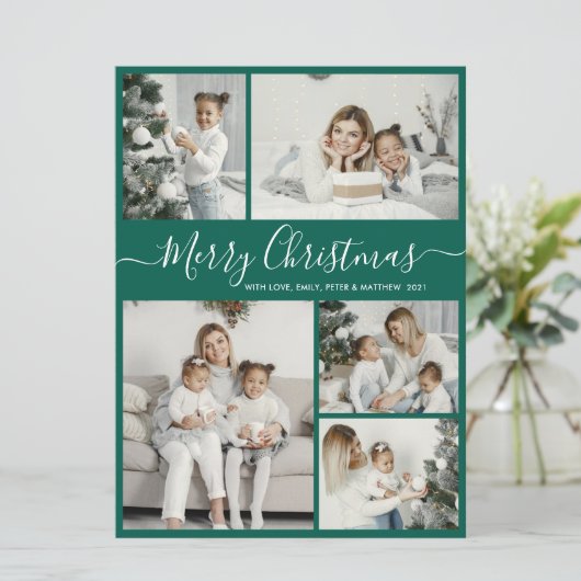 Simple Green White 5 Photo Collage Kerstmis Feestdagenkaart (Staand voorkant)