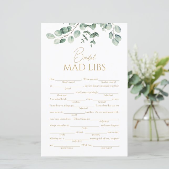 Simple Greenery Bridal Shower Mad Libs Game (Staand voorkant)