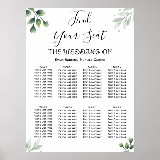 Simple Greenery Elegant Wedding Seating Chart Poster (Voorkant)