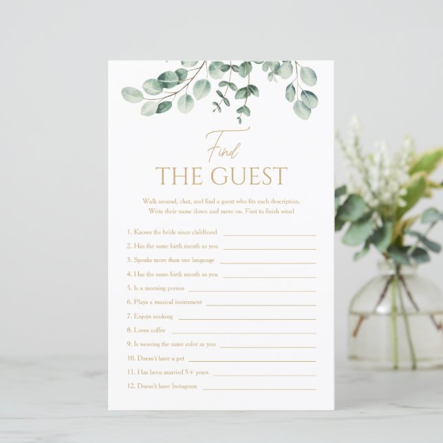 Simple Greenery Find The Guest Bridal Shower Game (Staand voorkant)