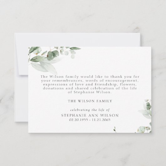 Simple Greenery Funeral Bereavement Dank u Bedankkaart (Achterkant)
