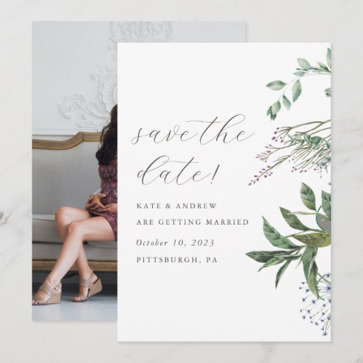 Simple Greenery Meadow Wedding Photo Save the Date (Voorkant / Achterkant)