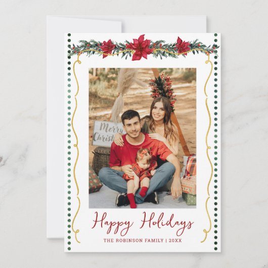 Simple Greenery Poinsettia Happy Holidays 1 Photo Feestdagenkaart (Voorkant)