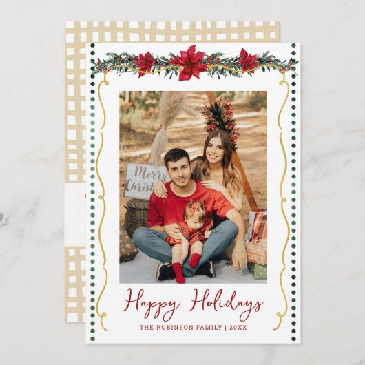 Simple Greenery Poinsettia Happy Holidays 1 Photo Feestdagenkaart (Voorkant / Achterkant)