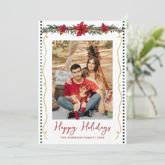 Simple Greenery Poinsettia Happy Holidays 1 Photo Feestdagenkaart (Staand voorkant)