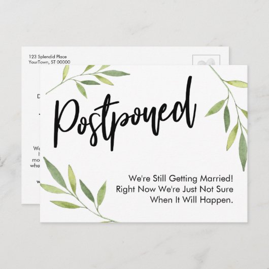 Simple Greenery Postponed Wedding Update Briefkaart (Voorkant / Achterkant)