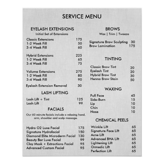 Simple Grey Beauty Salon Service Menu Poster (Voorkant)