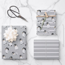 Simple Grey Penguin Winter Baby shower Inpakpapier Vel