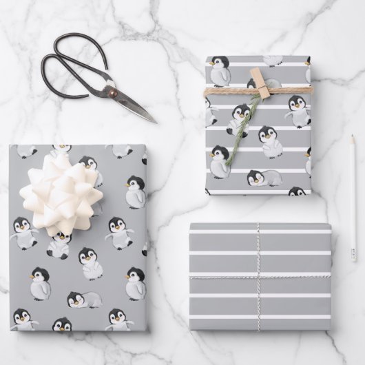 Simple Grey Penguin Winter Baby shower Inpakpapier Vel (Voorkant)