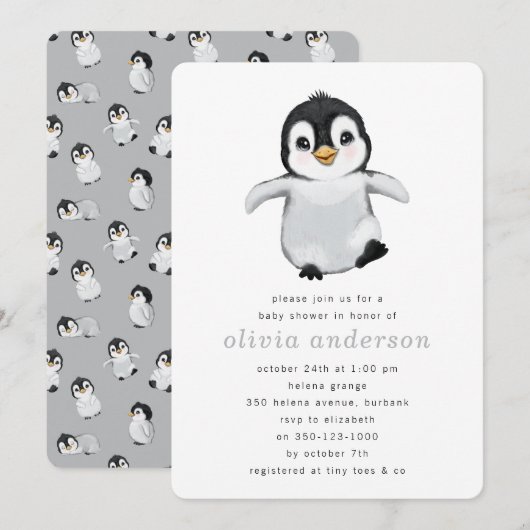 Simple Grey Penguin Winter Baby shower Kaart (Voorkant / Achterkant)