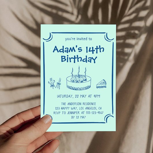 Simple Hand-Drawn Cake 14th Birthday Party Kaart
