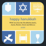 Simple Hanukkah Icons Sticker<br><div class="desc">Deze sticker gebruikt de pictogrammen van Hanukkah om warme wensen over te brengen. De heldere blauwe en goudkleuren omringen pictogrammen van een droombekertje, menorah, en een kinderbekertje, onder andere om je boodschap te lijsten. Ideaal als envelopzegels of voor het plakken op vakantiepakketten of geschenken. Beschikbaar in afwisselende kleuren met overeenkomende...</div>