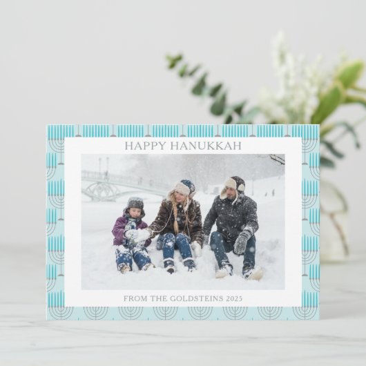 Simple Hanukkah Menorah in Blue Custom Photo Feestdagenkaart (Staand voorkant)