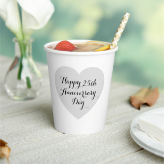 Simple Happy 25th Anniversary Silver Heart Elegant Papieren Bekers