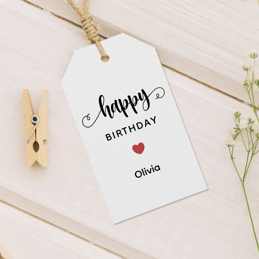 Simple Happy Birthday Tag, Heart Graphic Cadeaulabel