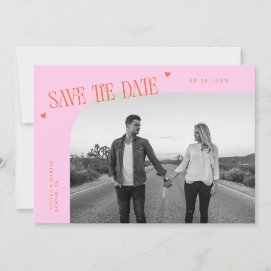 Simple Heart Orange Pink Curved Frame Photo Save The Date (Voorkant)