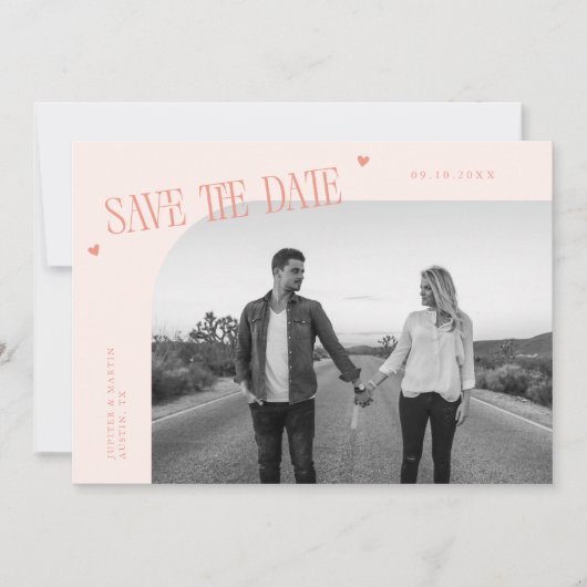 Simple Heart Peach Curved Frame Photo Save The Date (Voorkant)