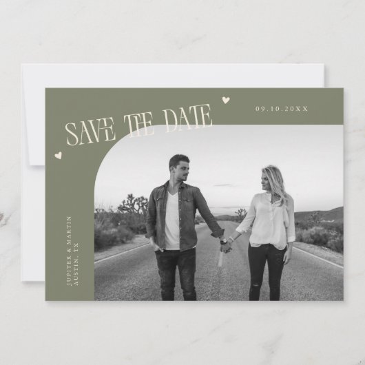 Simple Heart Sage Green Curved Frame Photo Save The Date (Voorkant)
