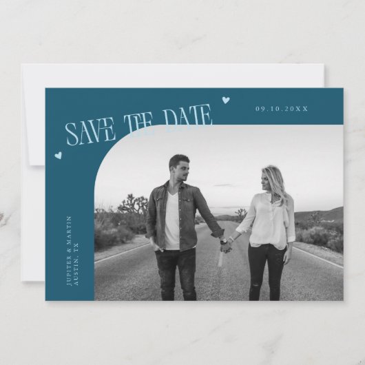 Simple Heart Teal Curved Frame Photo Save The Date (Voorkant)